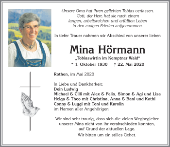 Traueranzeige von Mina Hörmann von Allgäuer Zeitung