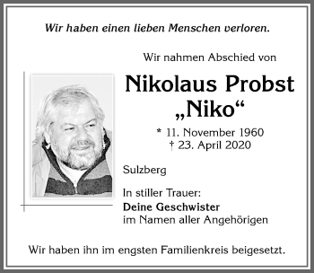 Traueranzeige von Nikolaus Probst von Allgäuer Zeitung,Kempten