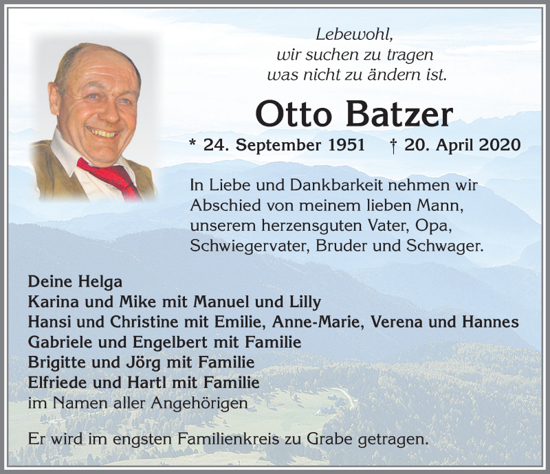  Traueranzeige für Otto Batzer vom 02.05.2020 aus Allgäuer Zeitung, Marktoberdorf