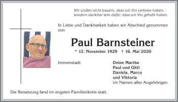 Traueranzeige von Paul Barnsteiner von Allgäuer Anzeigeblatt