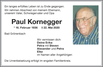 Traueranzeige von Paul Kornegger von Memminger Zeitung