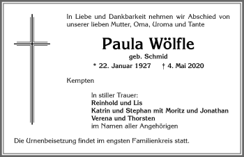 Traueranzeige von Paula Wölfle von Allgäuer Zeitung,Kempten
