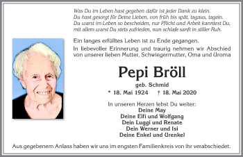 Traueranzeige von Pepi Bröll von Allgäuer Zeitung, Marktoberdorf