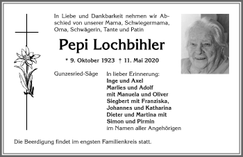 Traueranzeige von Pepi Lochbihler von Allgäuer Anzeigeblatt