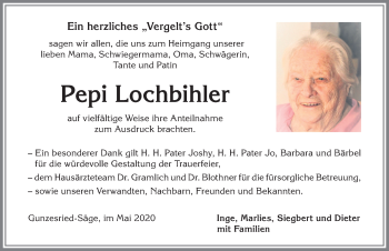Traueranzeige von Pepi Lochbihler von Allgäuer Anzeigeblatt
