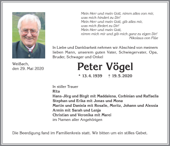 Traueranzeige von Peter Vögel von Allgäuer Anzeigeblatt