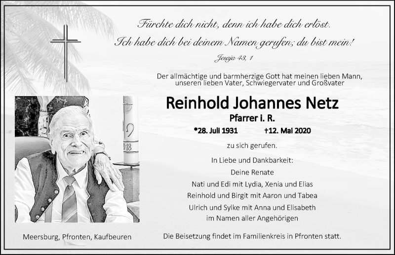  Traueranzeige für Reinhold Johannes Netz vom 16.05.2020 aus Allgäuer Zeitung, Füssen