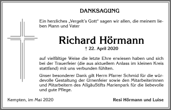Traueranzeige von Richard Hörmann von Allgäuer Zeitung,Kempten