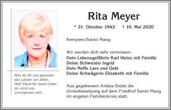 Traueranzeige von Rita Meyer von Allgäuer Zeitung,Kempten