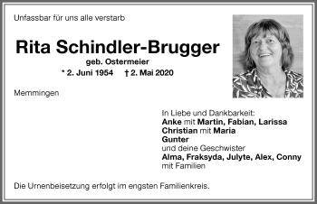 Traueranzeige von Rita Schindler-Brugger von Memminger Zeitung
