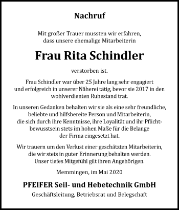 Traueranzeige von Rita Schindler von Memminger Zeitung