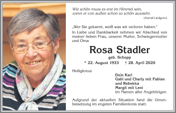 Traueranzeige von Rosa Stadler von Allgäuer Zeitung,Kempten