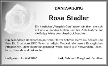 Traueranzeige von Rosa Stadler von Allgäuer Zeitung,Kempten