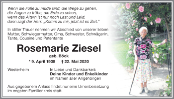 Traueranzeige von Rosemarie Ziesel von Memminger Zeitung