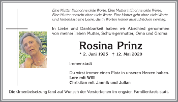 Traueranzeige von Rosina Prinz von Allgäuer Anzeigeblatt