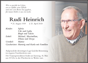 Traueranzeige von Rudi Heinrich von Der Westallgäuer