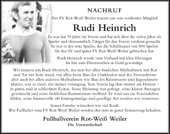 Traueranzeige von Rudi Heinrich von Der Westallgäuer