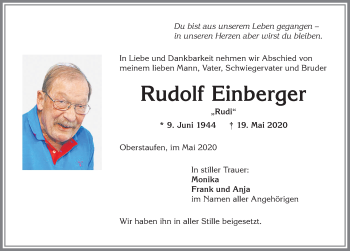 Traueranzeige von Rudolf Einberger von Allgäuer Anzeigeblatt