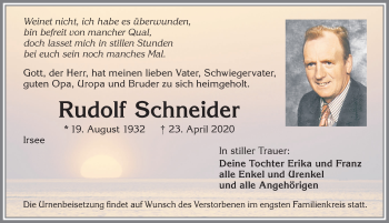 Traueranzeige von Rudolf Schneider von Allgäuer Zeitung, Kaufbeuren/Buchloe