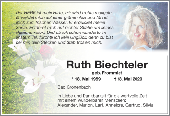 Traueranzeige von Ruth Biechteler von Memminger Zeitung