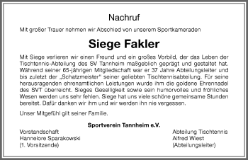 Traueranzeige von Siege Fakler von Memminger Zeitung