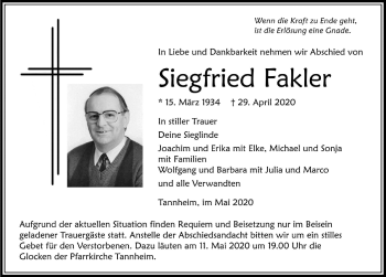 Traueranzeige von Siegfried Fakler von Memminger Zeitung