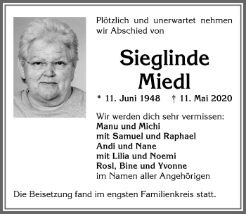 Traueranzeige von Sieglinde Miedl von Allgäuer Zeitung,Kempten