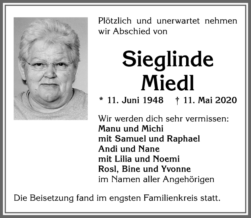  Traueranzeige für Sieglinde Miedl vom 23.05.2020 aus Allgäuer Zeitung,Kempten