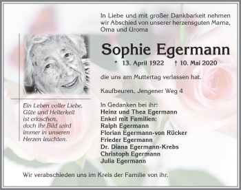 Traueranzeige von Sophie Egermann von Allgäuer Zeitung, Kaufbeuren/Buchloe