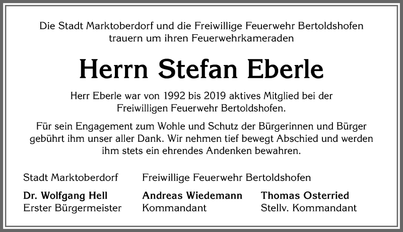  Traueranzeige für Stefan Eberle vom 05.05.2020 aus Allgäuer Zeitung, Marktoberdorf