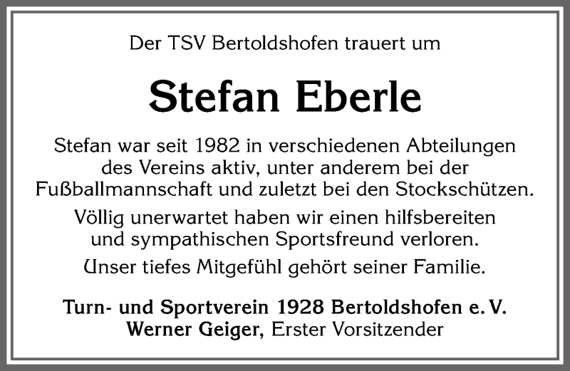  Traueranzeige für Stefan Eberle vom 08.05.2020 aus Allgäuer Zeitung, Marktoberdorf