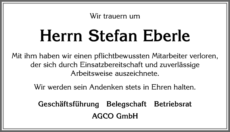  Traueranzeige für Stefan Eberle vom 07.05.2020 aus Allgäuer Zeitung, Marktoberdorf