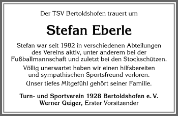 Traueranzeige von Stefan Eberle von Allgäuer Zeitung, Marktoberdorf