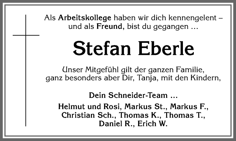  Traueranzeige für Stefan Eberle vom 05.05.2020 aus Allgäuer Zeitung, Marktoberdorf