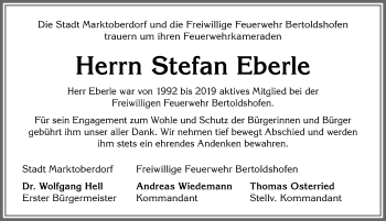 Traueranzeige von Stefan Eberle von Allgäuer Zeitung, Marktoberdorf