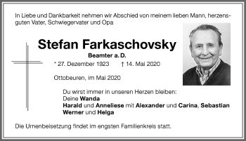 Traueranzeige von Stefan Farkaschovsky von Memminger Zeitung