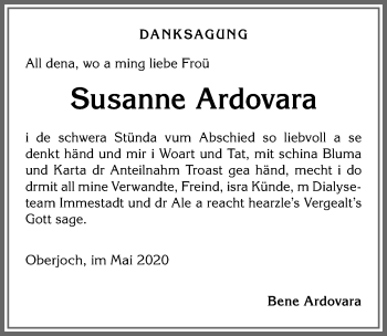 Traueranzeige von Susanne Ardovara von Allgäuer Anzeigeblatt