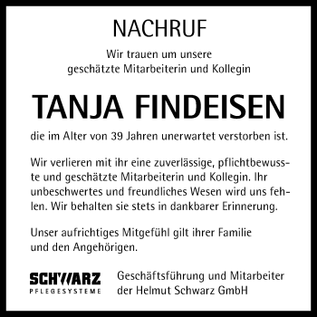 Traueranzeige von Tanja Findeisen von Allgäuer Zeitung,Kempten