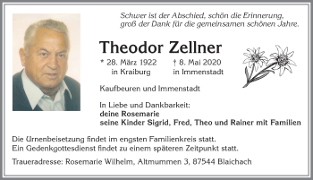 Traueranzeige von Theodor Zellner von Allgäuer Zeitung, Kaufbeuren/Buchloe