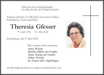 Traueranzeige von Theresia Gfesser von Der Westallgäuer