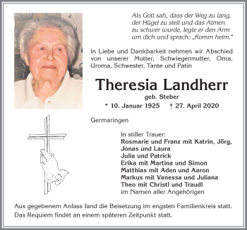 Traueranzeige von Theresia Landherr von Allgäuer Zeitung, Kaufbeuren/Buchloe