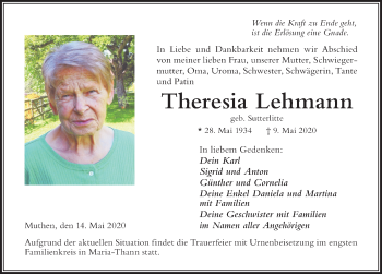Traueranzeige von Theresia Lehmann von Der Westallgäuer