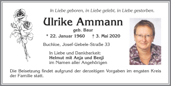 Traueranzeige von Ulrike Ammann von Allgäuer Zeitung, Kaufbeuren/Buchloe