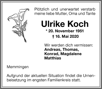 Traueranzeige von Ulrike Koch von Memminger Zeitung