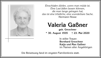 Traueranzeige von Valeria Gaßner von Allgäuer Zeitung,Kempten