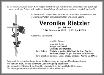 Traueranzeige von Veronika Rietzler von Allgäuer Zeitung, Marktoberdorf