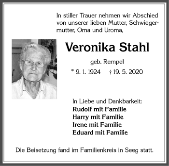 Traueranzeige von Veronika Stahl von Allgäuer Zeitung, Füssen