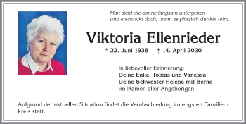 Traueranzeige von Viktoria Ellenrieder von Allgäuer Zeitung, Kaufbeuren/Buchloe