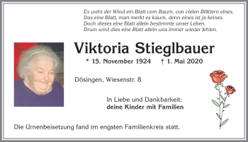 Traueranzeige von Viktoria Stieglbauer von Allgäuer Zeitung, Kaufbeuren/Buchloe