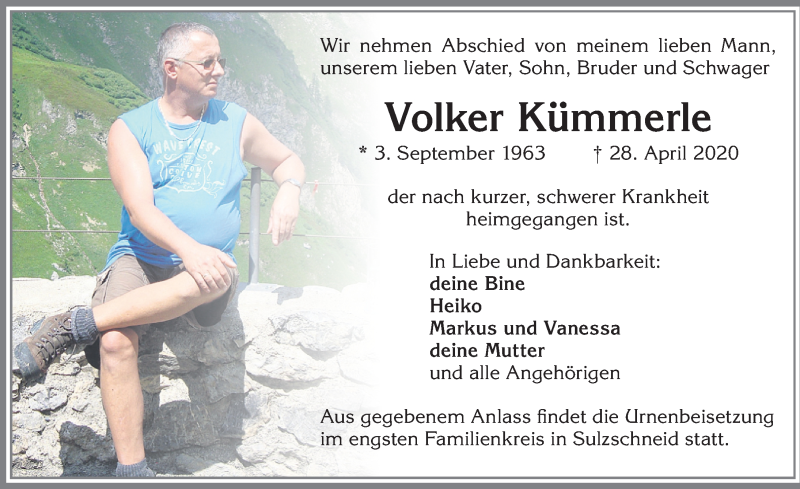  Traueranzeige für Volker Kümmerle vom 02.05.2020 aus Allgäuer Zeitung, Marktoberdorf